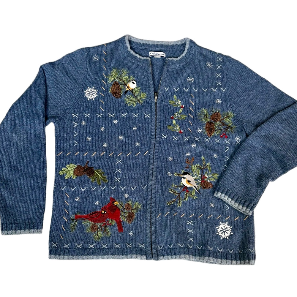 Croft & Barrow 🐦🪾 Wintertime Birds Embroidered novelty Cardigan sweater Med M